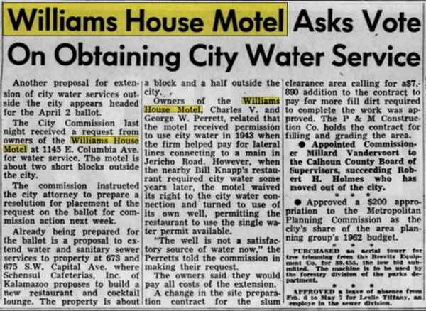 Williams House Motel - Feb 1962 Article On Water